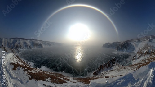 A panoramic view of a sunny icy lake with a rainbow halo and snowy surrounding mountains