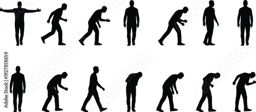 Collection of male silhouette walking poses set isolated on white background vector illustration showing different body movements gestures and human posture variations