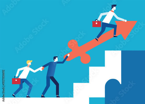 Three businessmen collaborate to build an upward puzzle arrow, aiding a colleague climbing a staircase against a blue sky.
