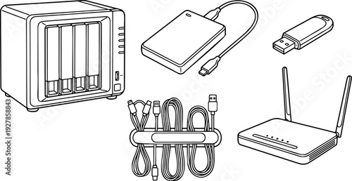 Line art vector of a data storage and networking concept with a NAS drive, router, hard drive, and cables