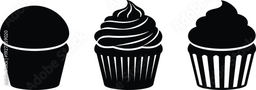 Cupcake silhouette set with different frosting styles, black vector bakery dessert icons collection isolated on light background for logo and menu design