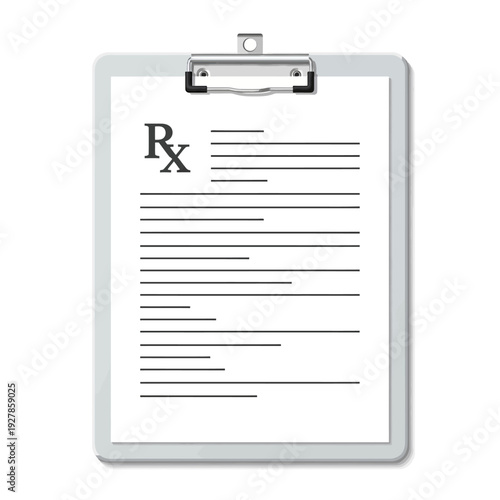 White prescription pad with rx symbol and blank lines held by a metal clipboard
