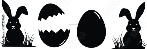 Easter bunny and egg silhouette icon set featuring rabbit figures cracked egg shell and whole egg in black vector design