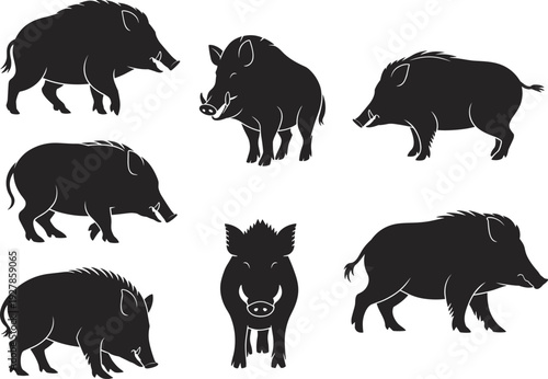 Wild boar silhouette collection, forest hog wildlife graphics, feral pig hunting icons, cad drawing flat vector illustration, black swine shapes, tusked animal set.
