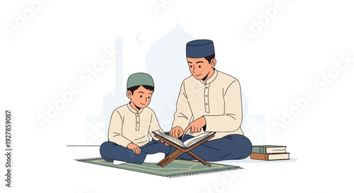 Child Learning Quran with Teacher in Mosque Education Scene