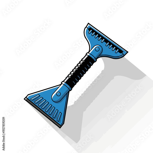 Blue ice scraper tool with black handle and serrated edges isolated on white background