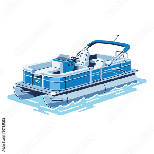 Blue pontoon boat illustration on water recreational leisure vessel design