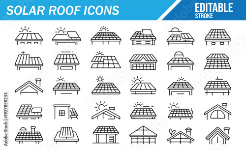 Home Solar Panel Technology Outline Icons Collection