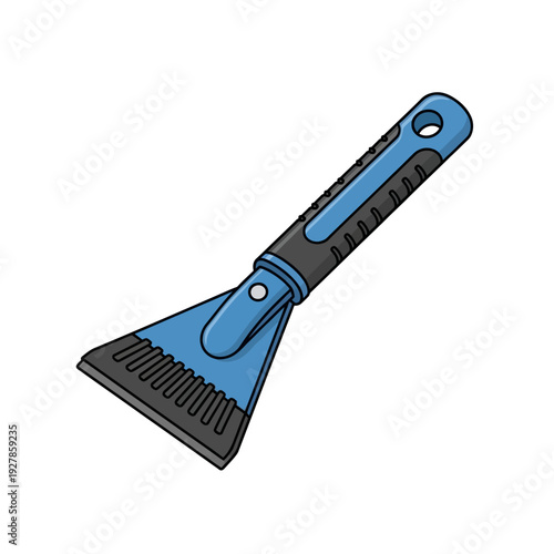 Blue ice scraper tool with textured handle isolated on a white background