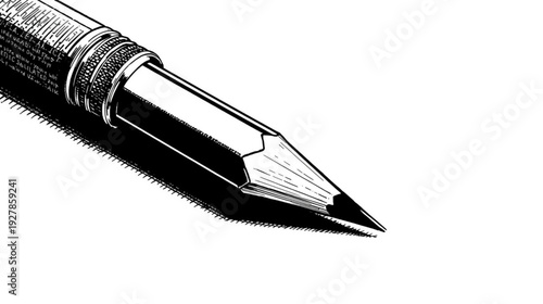 A detailed black and white illustration of a mechanical pencil with visible lead