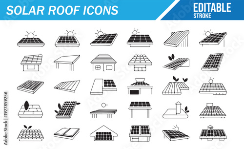 Renewable Energy and Solar Roof System Icons