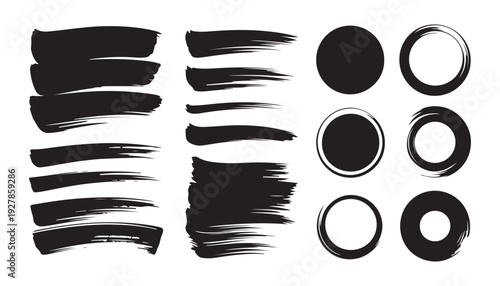 Assortment of black ink brush strokes circles and outlines for graphic design