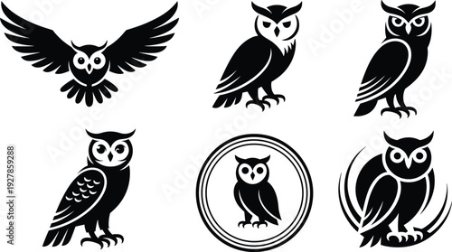 Owl silhouette collection, flying and perched nocturnal birds, wisdom symbol icons, forest wildlife graphics, cad drawing flat vector illustration, black bird logo set.