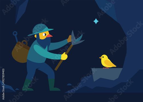 A bearded miner with a pickaxe observes a yellow bird on a rock inside a dark cave.