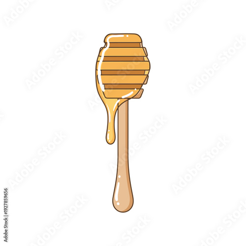 A detailed illustration depicts honey dripping from a wooden honey dipper against a light background