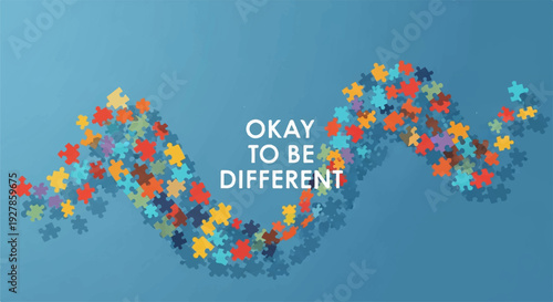 Colorful puzzle pieces forming a wave with 'okay to be different' text on blue background symbolizing diversity and individuality