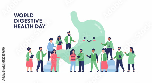 World digestive health day illustration with diverse people around a smiling green digestive system on white background