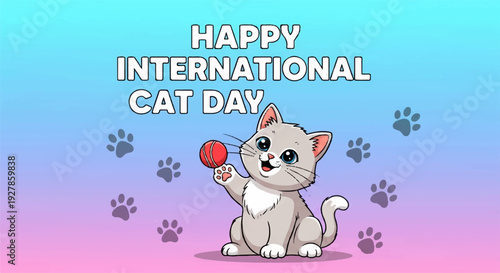 Cartoon cat holds red ball on international cat day with paw prints on colorful background