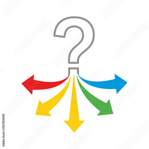 Question mark with colorful arrows diverging representing choices decisions and uncertainty
