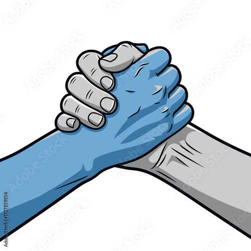 Cartoon illustration of two hands one blue and one gray shaking hands in agreement