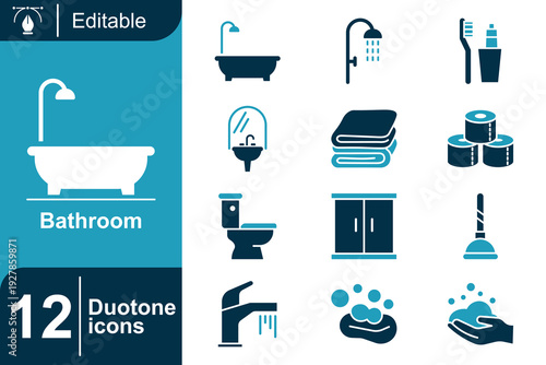 Collection of 12 Duotone Icons Representing Bathroom Essentials, Featuring Bathtub, Toilet, Sink, Shower, Towels, Toothbrush, Soap, and Cabinet for Interior Design and Renovation Projects