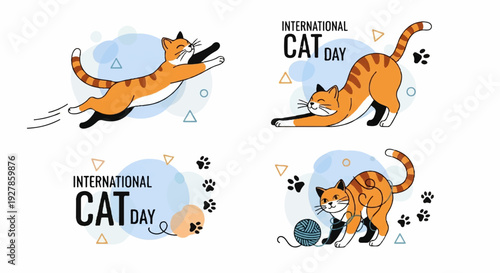 Cats playing on international cat day with paw prints and colorful balls