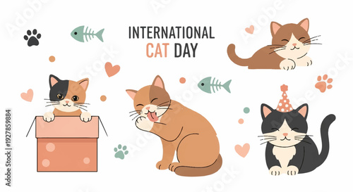 Three cats celebrating international cat day with festive decorations and icons