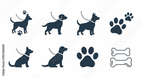 Dog silhouettes and pet icons with paw prints and bones on white background for design