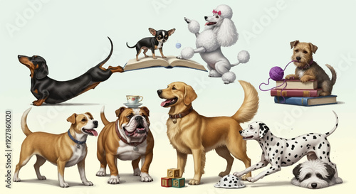 Diverse group of dogs in various poses and breeds on a plain background