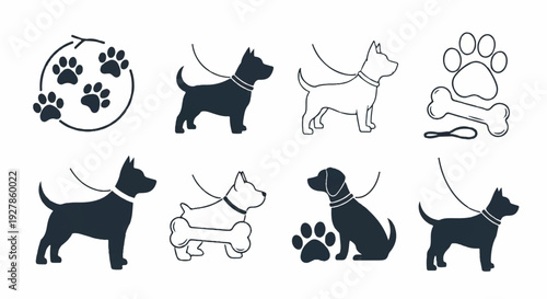 Collection of black and white dog icons with paws and leashes on white background for design and pet concepts