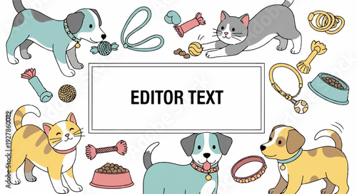 Colorful cartoon dogs and cats with pet accessories arranged around a blank editable text box on a clean white background ideal for pet related designs