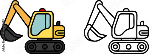Flat and Outline Excavator Construction Vector Illustration Set