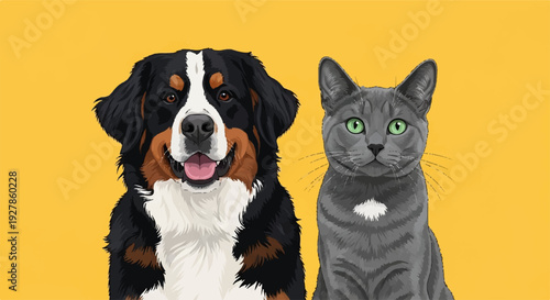 Friendly dog and cat sitting together on yellow background animal companionship concept