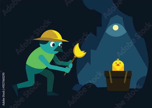 A blue-skinned miner with a yellow hat holds a pickaxe, looking at a yellow bird in a bucket inside a dark cave.