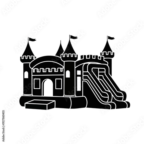 A black silhouette of a castle shaped inflatable bounce house with a slide