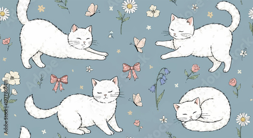 Whimsical illustration of white cats in various poses surrounded by flowers and butterflies on a soft blue background
