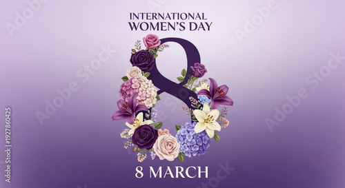 International women's day poster with floral design and purple background