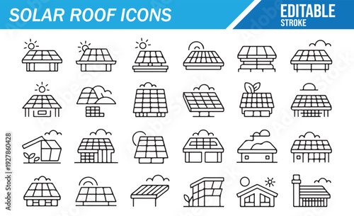 Solar Roof Panel Icons – Renewable Energy Home Installation Set