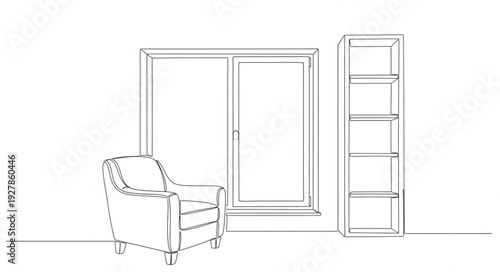 Simple Line Drawing of Armchair and Bookshelf.