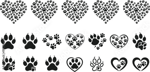 Dog paw print heart icons collection, black canine footprint love symbols and patterns isolated on white background vector illustration set