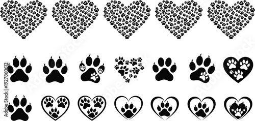 Dog paw print heart shapes collection, black canine footprint love symbols isolated on white background vector illustration set for pet themed design