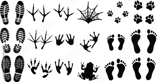 Footprint and animal track silhouettes set, black shoe soles, bird claws, frog marks and human footprints isolated on white background vector collection