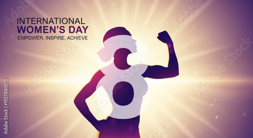 Empowered woman flexing arm international women's day poster with purple and yellow background