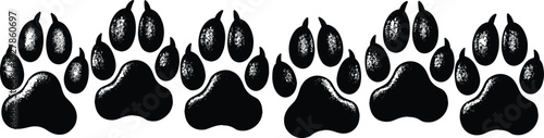 Grunge dog paw print border, black distressed canine footprint silhouettes in horizontal row isolated on white background vector illustration design