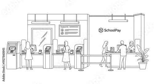 School Cafeteria Scene with Students Eating.