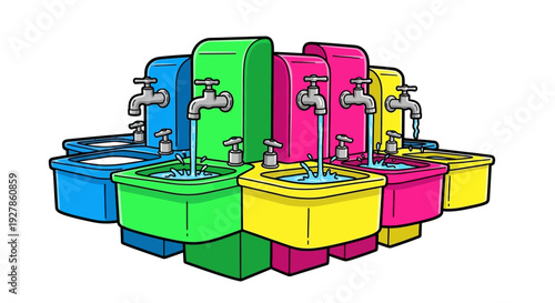 Colorful sinks with metal faucets installed.