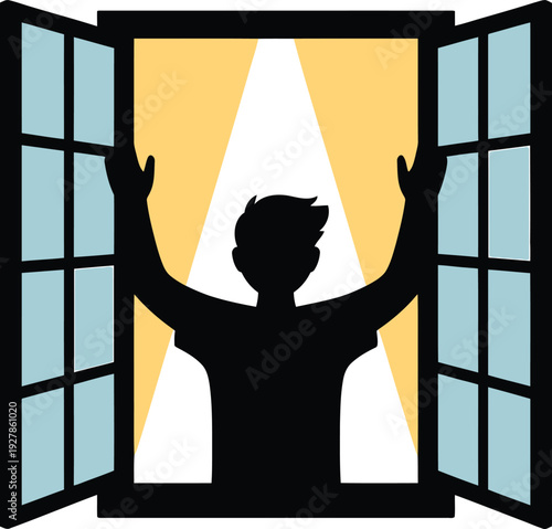 Silhouette of a person with arms raised standing in an open window with blue and yellow background