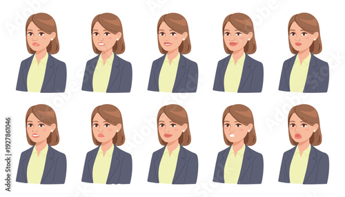 Young woman portrait with varied lip expressions and subtle emotions in business suit for avatar customization options