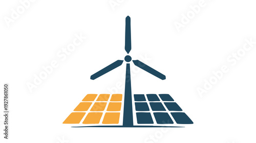 Wind turbine and solar panels symbolizing renewable energy sources working together
