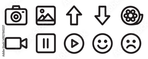 Media and communication icon set including camera image upload download and emotion symbols